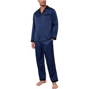 Men Satin Silk Pajamas Set with Pockets Long Sleeve-navy Blue
